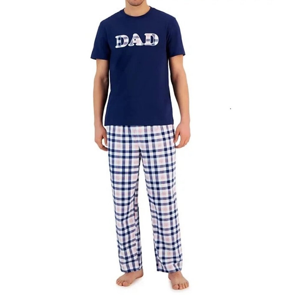 Family Pajamas Men's 2-Piece Lounge PJ Set, Blue Multi Plaid Dad Graphic, Small